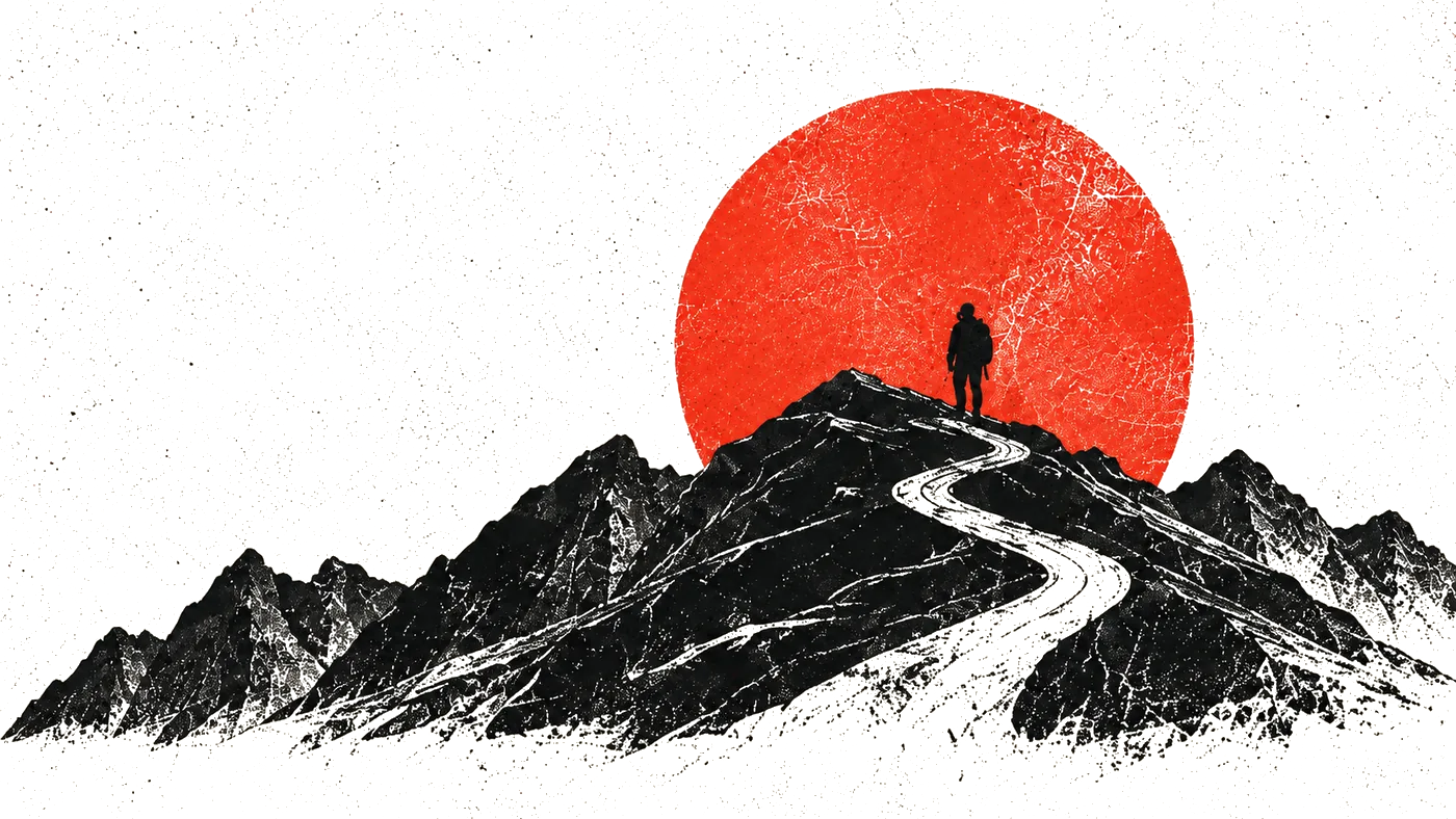 Distressed mountain path illustration beneath a red sun