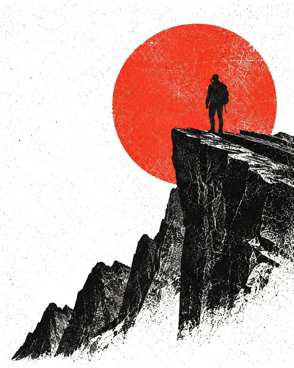 Distressed field-guide illustration of a figure facing a mountain beneath a red sun