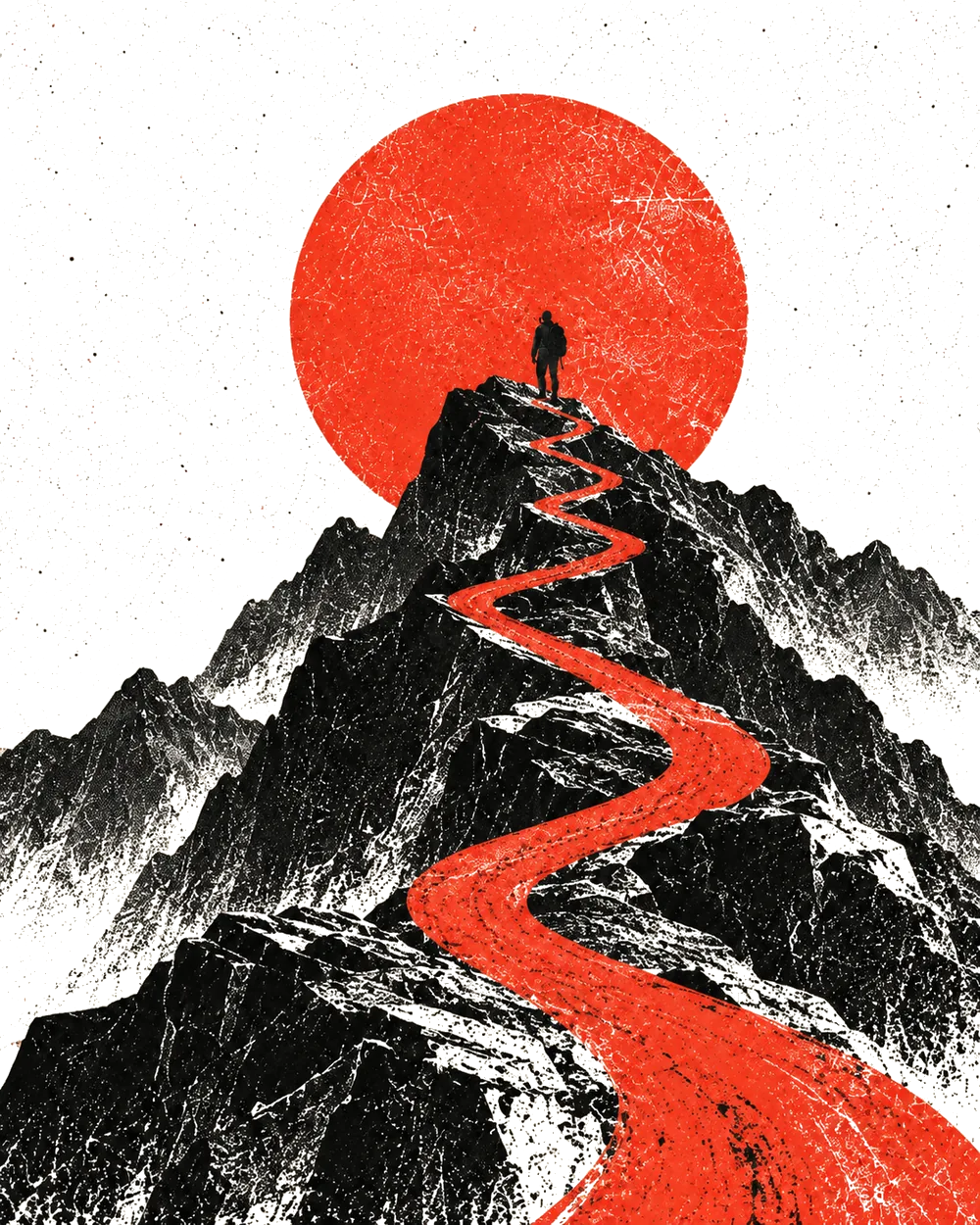 A red route winding through black mountains